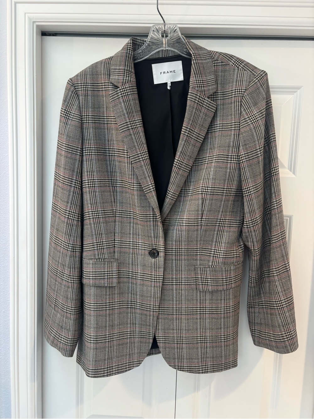 Frame Denim Glen Boyfriend Plaid Blazer in Brown and Gray with Subtle Red Stripe